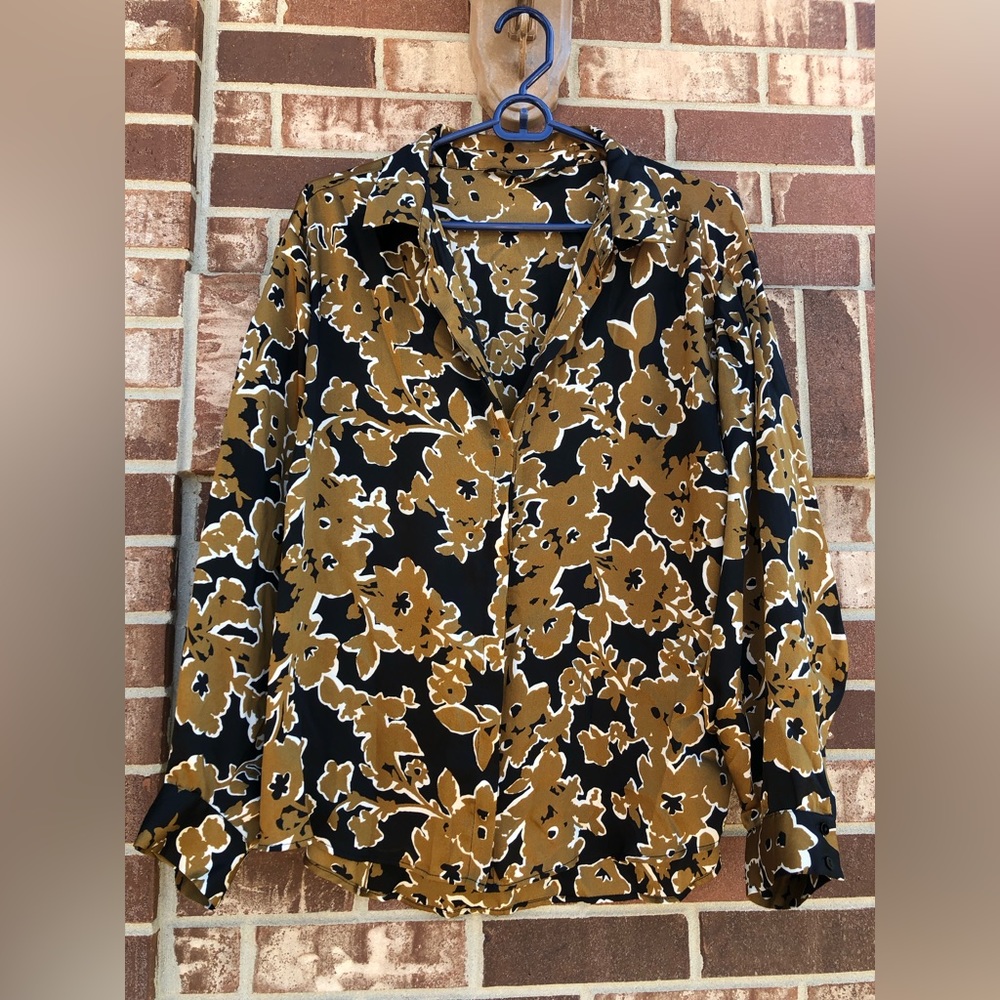 Zara Silky Floral Button Down Blouse